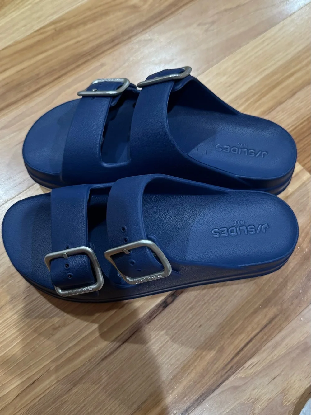 J/SLIDES Navy Double-Buckle Slide Sandals